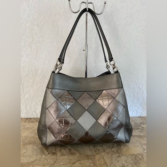 Coach Lexy patchwork/geometric metallic gray shoulder bag - Picture 1 of 9
